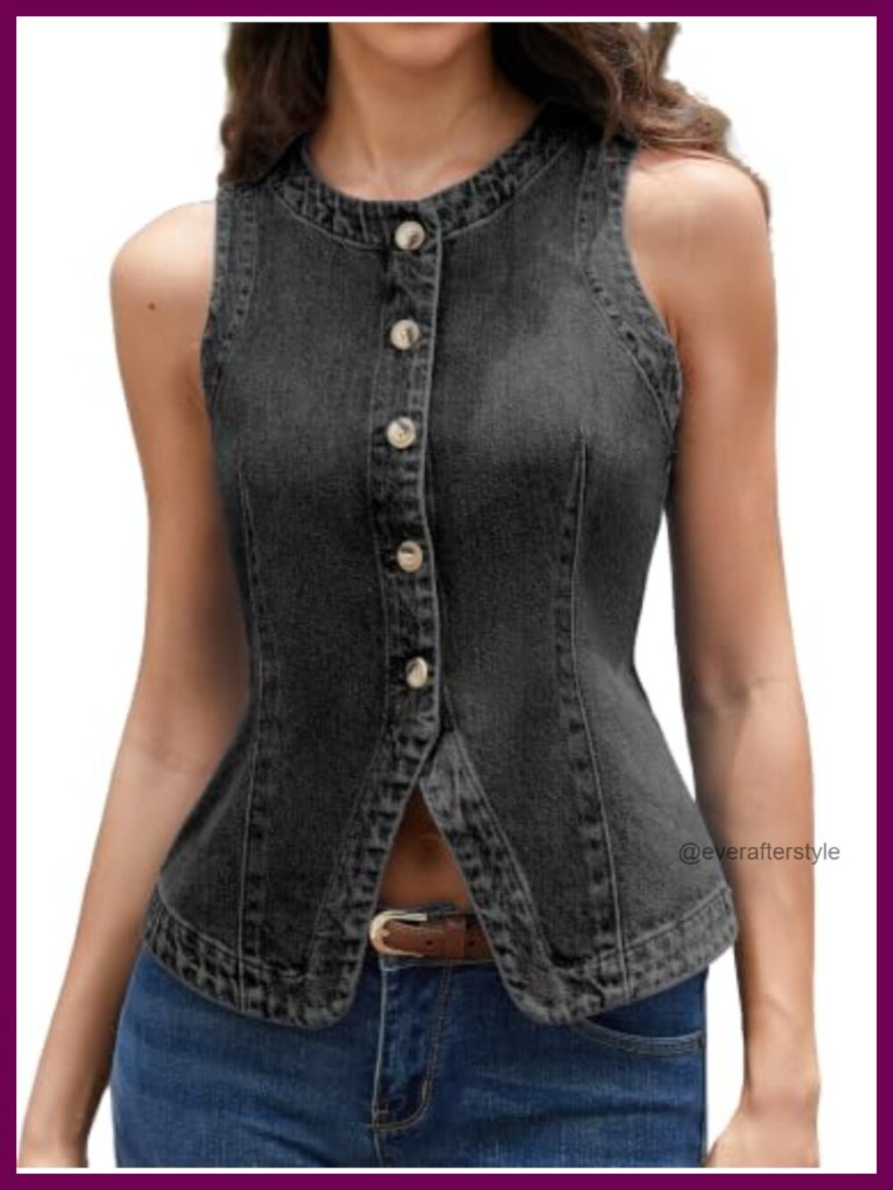 Women's Crew Neck Denim Vest Button Down Fitted Sleeveless Jean Vest Top